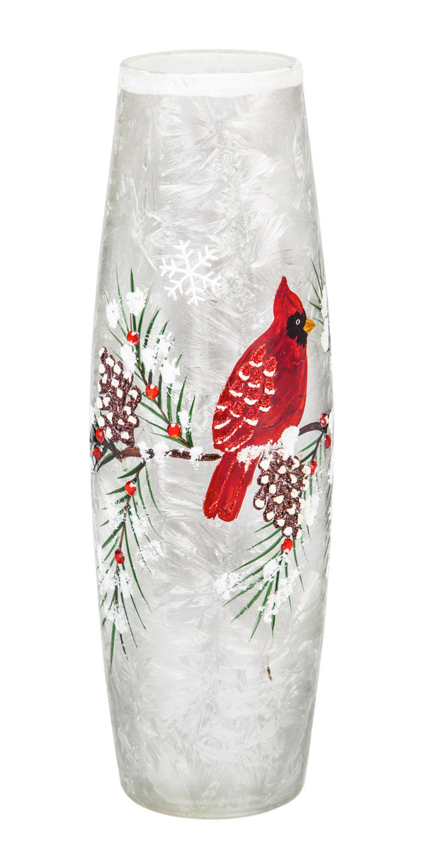 Glass Hand Painted Cardinal LED Cylinder