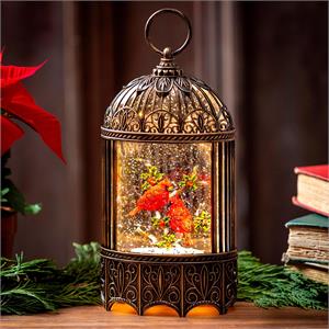 Holiday Poinsettia LED Bird Cage with Cardinals snow globe
