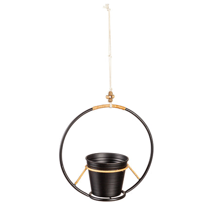 Black Hanging Metal Planter with Rattan Details