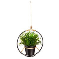 Black Hanging Metal Planter with Rattan Details