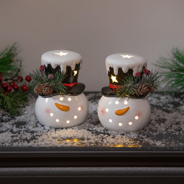 5" LED Ceramic Snowman Head with Artificial Floral Table Décor