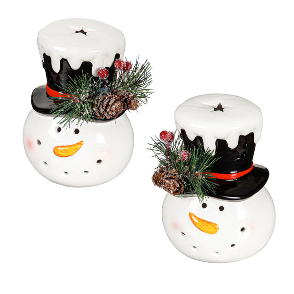 5" LED Ceramic Snowman Head with Artificial Floral Table Décor