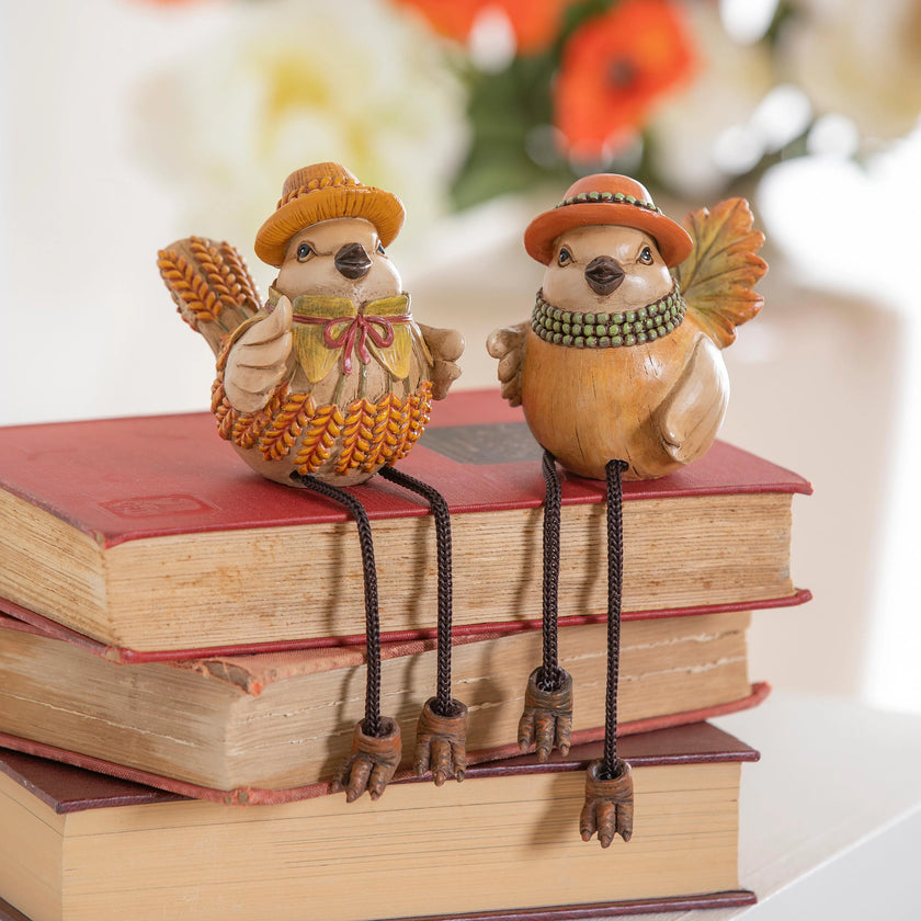 Resin Autumn Harvest Birds with Dangling Legs Table Décor