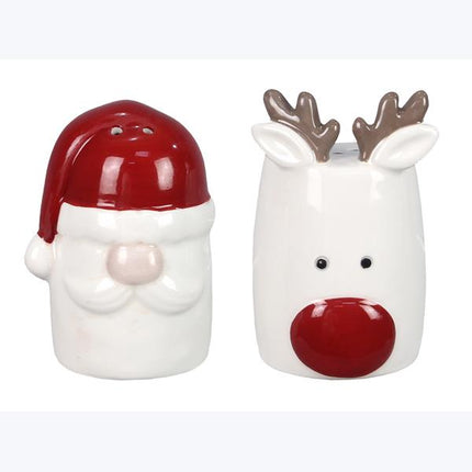 Ceramic Santa and Reindeer Heads Christmas Salt and Pepper Set