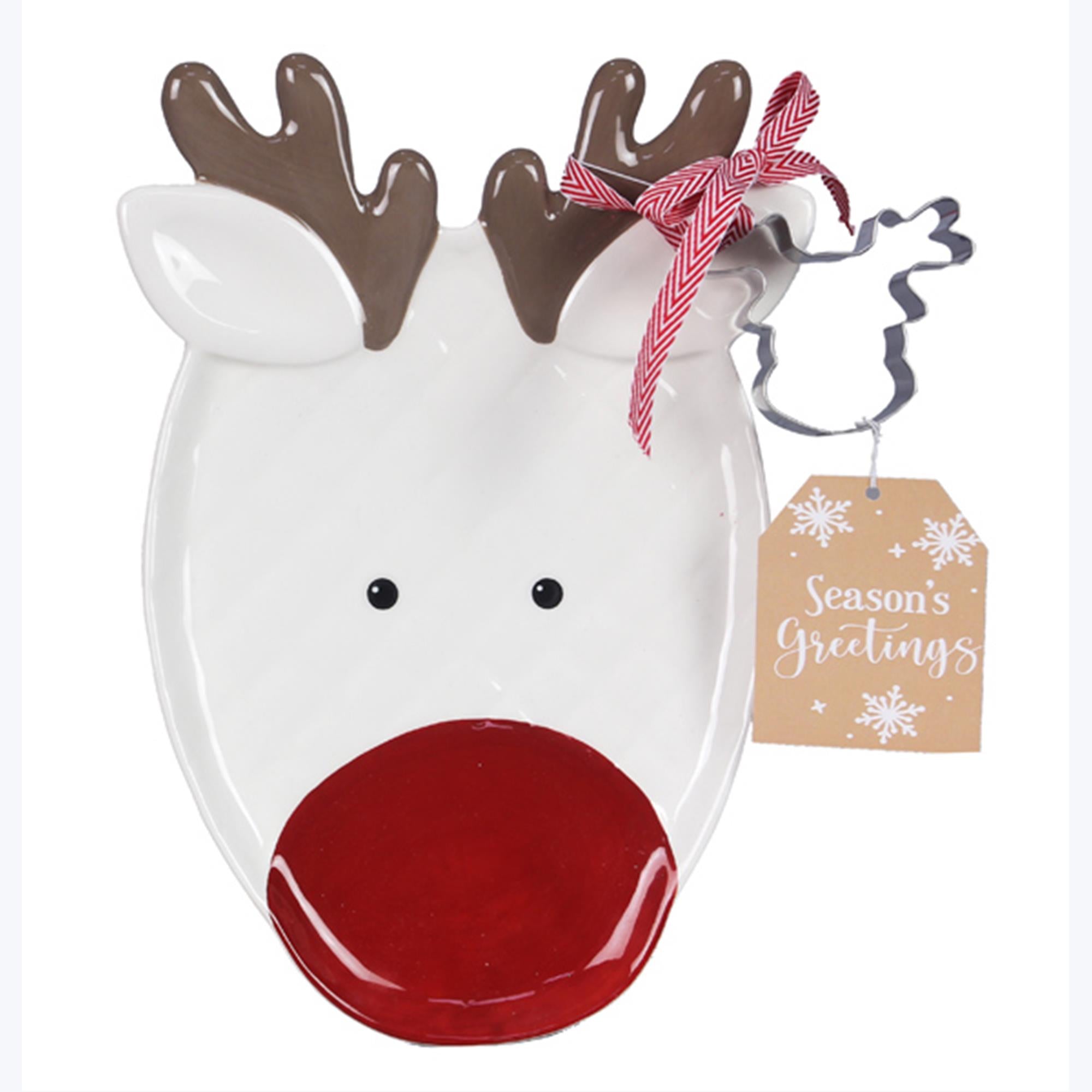 Ceramic Reindeer Cookie Plate with Reindeer cookie cutter