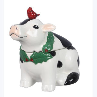 Ceramic Country Christmas Cow with Cardinal Goodie Jar