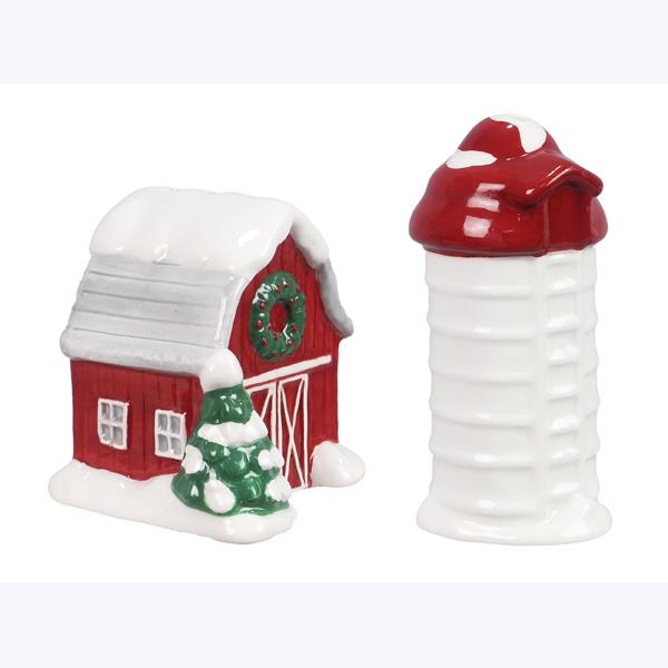 Ceramic Country Christmas Barn Salt and Pepper Set of 2
