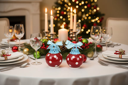 Christmas Ball Salt & Pepper Shakers with Blue Ribbon