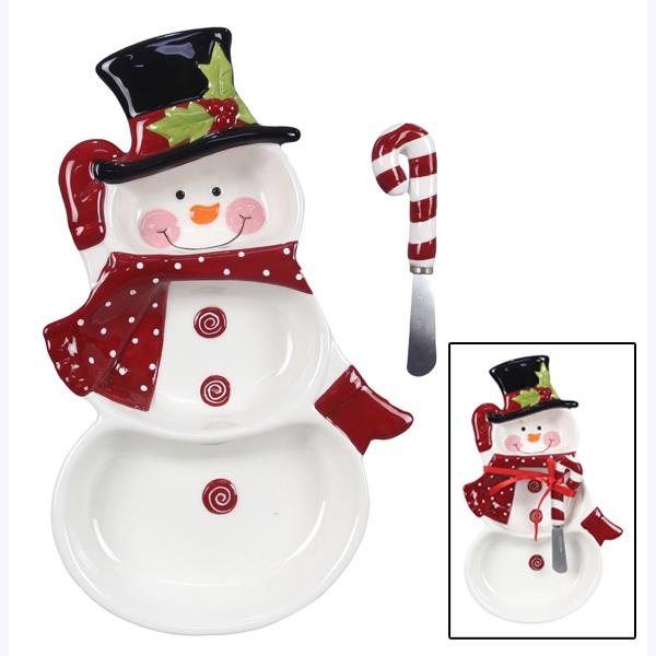 Ceramic Winter Whimsy Snowman Chip & Dip w/ Spreader Set