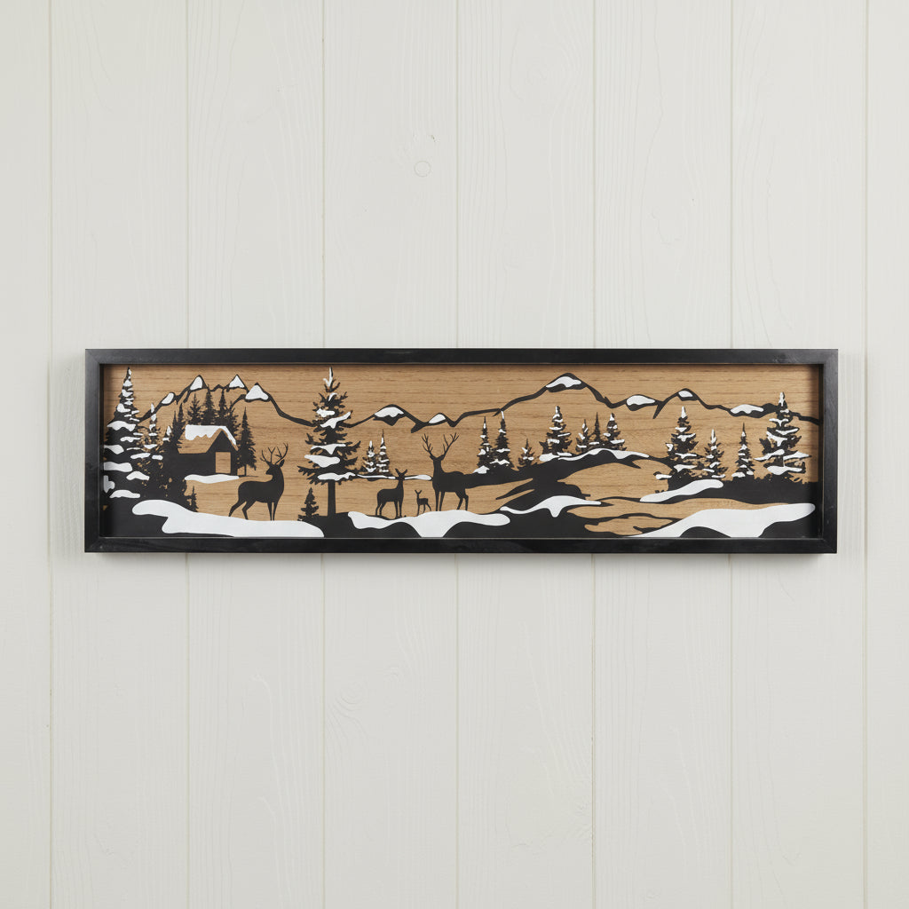 Black rustic woodland lodge winter scene wall art