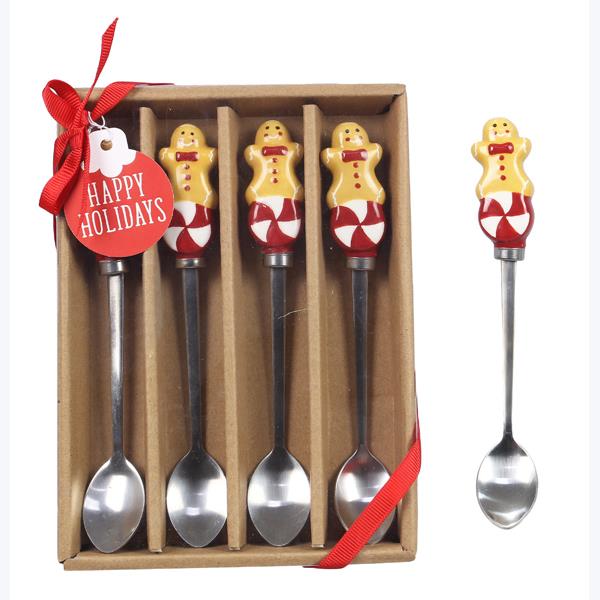 Ceramic Gingerbread Man Cocoa Spoon Gift Set- Package of 4