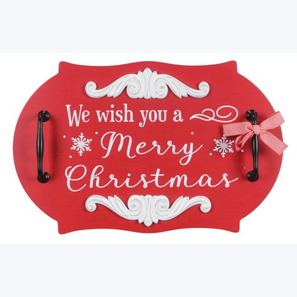 Traditional Wooden Christmas Serving Tray with Metal Handle