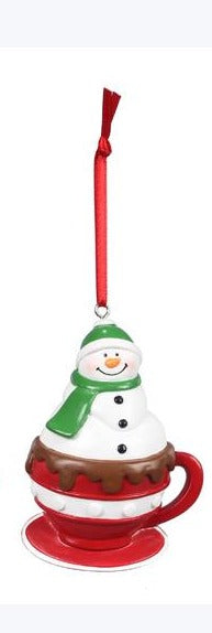 Resin Snowman in Coffee Cup Christmas Ornament