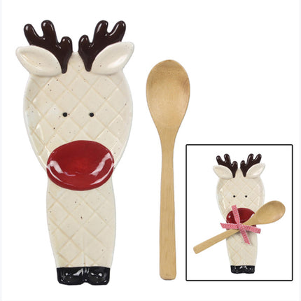 Ceramic Reindeer Spoon rest with wooden spoon