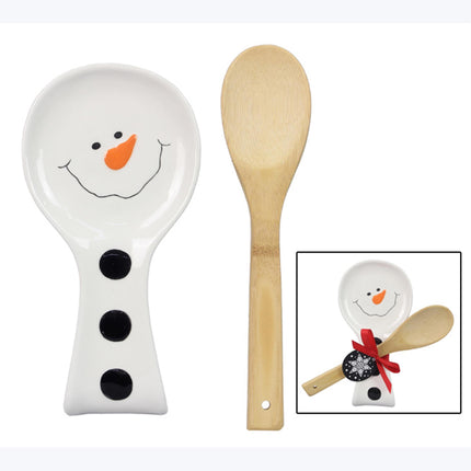 Ceramic Snowman spoon rest with wooden spoon