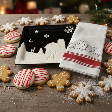 Ceramic Black and White Christmas Farm Scene Cookie Plate with Tea Towel