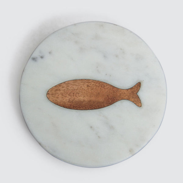 4" Round Marble & Mango Wood Fish Inlay Coasters - Set of 4