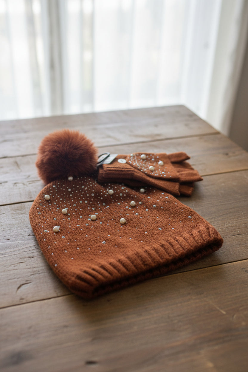 Bejeweled Knit Hat and Glove Set