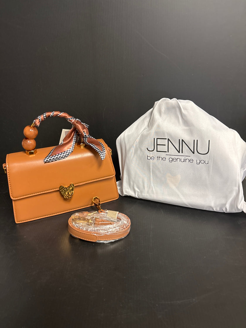 Brown Vegan Clutch with pearl and ribbon handle