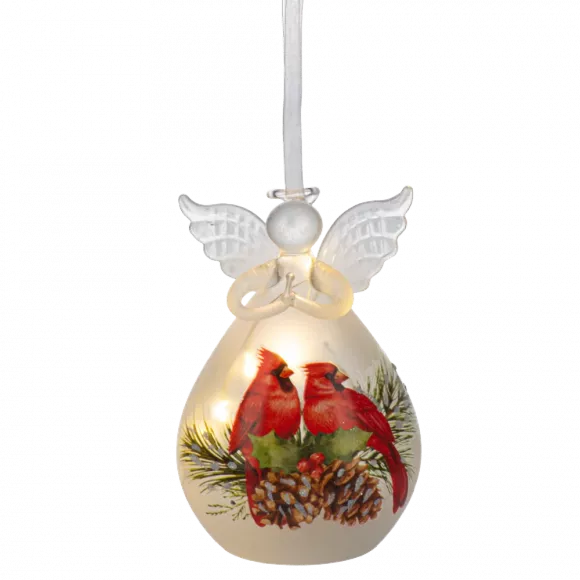 Luxury lite LED Glass Angel with Cardinals Ornament