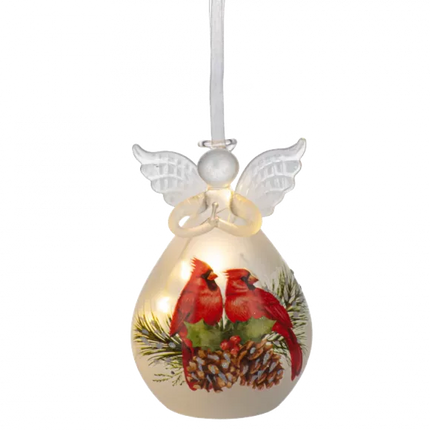 Luxury lite LED Glass Angel with Cardinals Ornament
