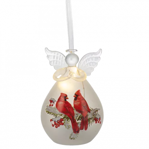 Luxury lite LED Glass Angel with Cardinals Ornament