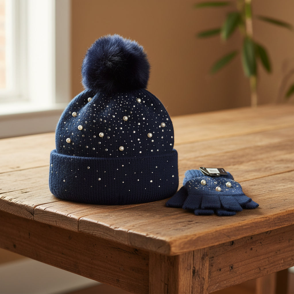Bejeweled Knit Hat and Glove Set