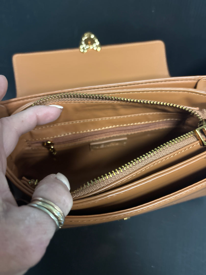 Brown Vegan Clutch with pearl and ribbon handle