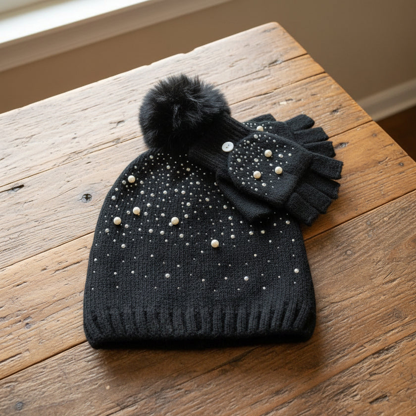 Bejeweled Knit Hat and Glove Set
