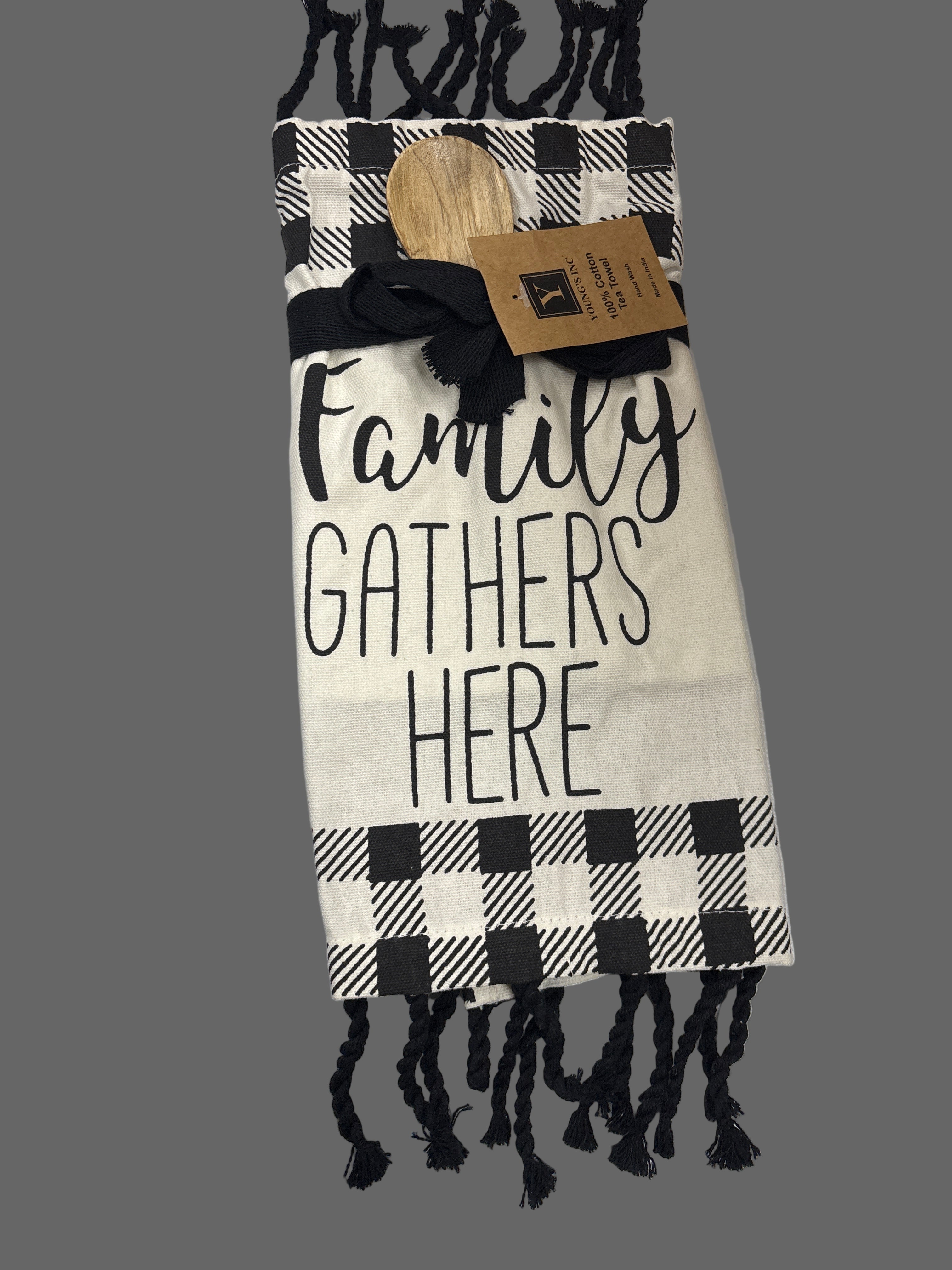 Family Gathers Here - Black/White Tea Towel/wooden spoon set