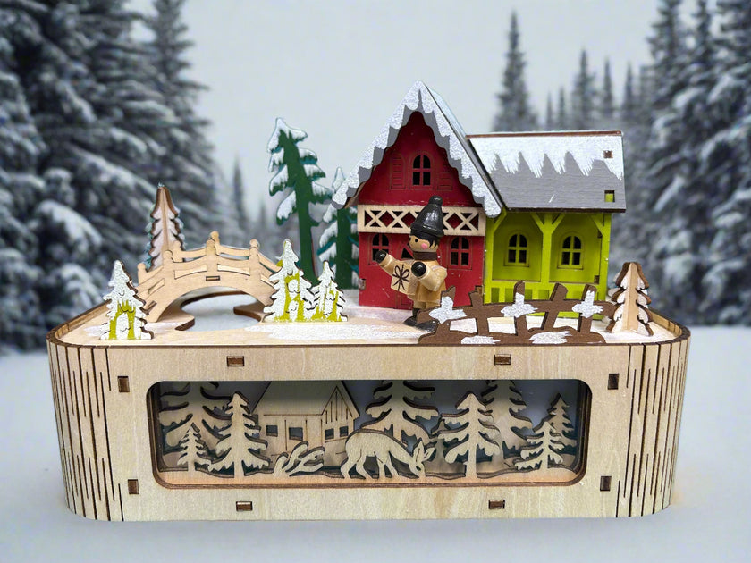 LED light up music box laser cut village house