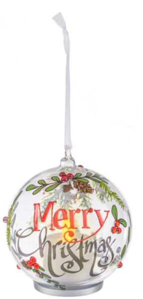 LED Merry Christmas or Holly Covered Glass Ornaments