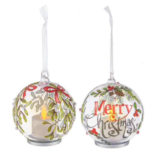 LED Merry Christmas or Holly Covered Glass Ornaments