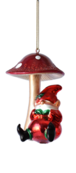 Glass Christmas Gnome w/Mushroom Ornament