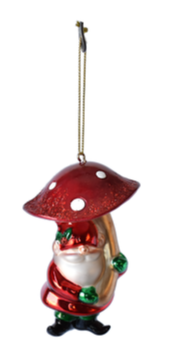 Glass Christmas Gnome w/Mushroom Ornament