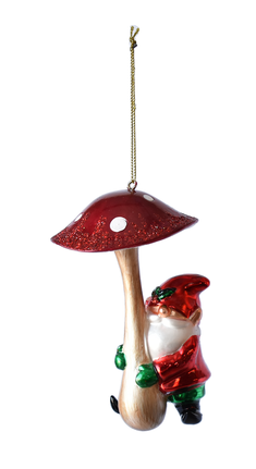 Glass Christmas Gnome w/Mushroom Ornament