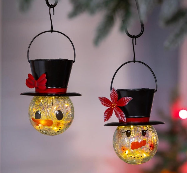 Solar Snowman Metal and Glass Hanging Lantern