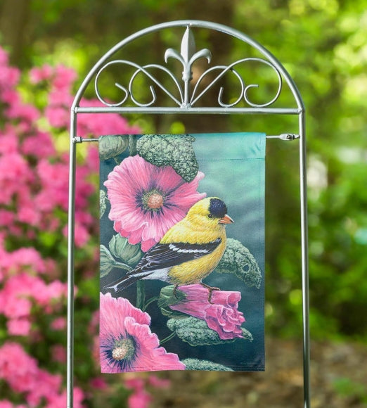 Goldfinch on Hollyhocks Suede Garden Flag