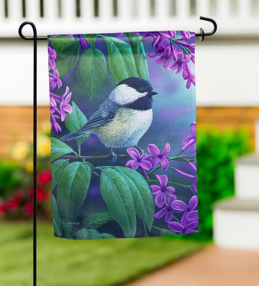 Chickadee on Lilac Suede Garden Flag