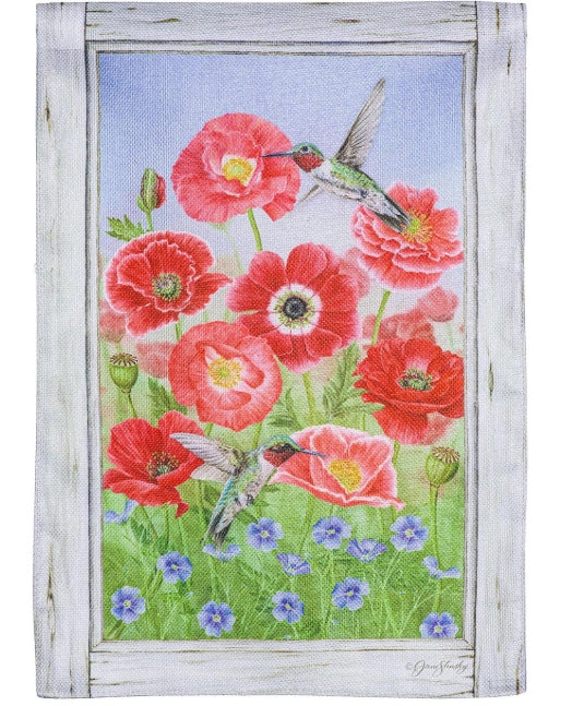 Poppy's and Hummingbirds Burlap Garden Flag