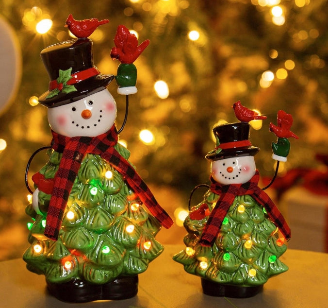 LED Table Decor Ceramic Snowman with Christmas Tree Body and Cardinals