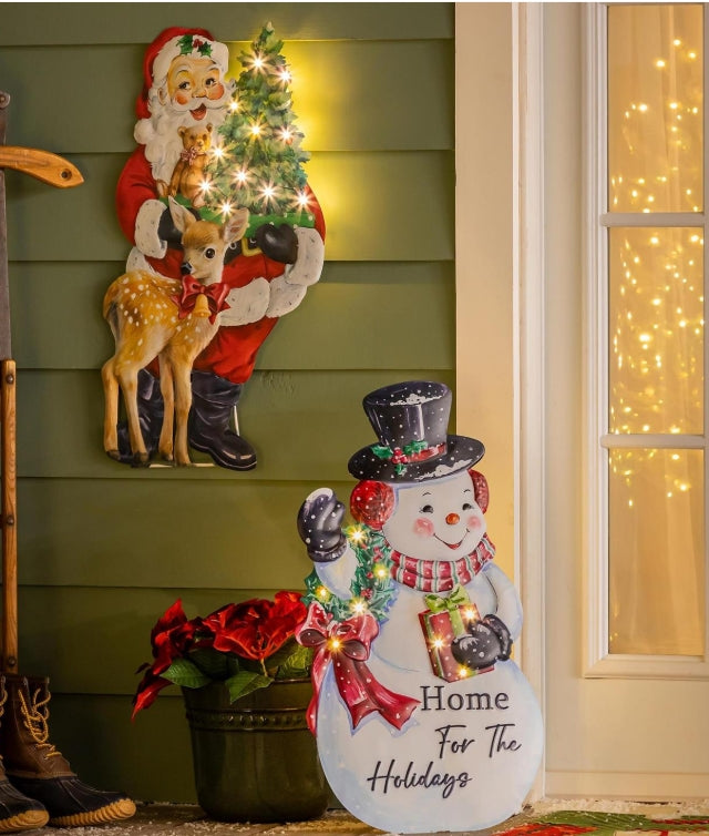 Traditional Santa Decorative Garden Accent, LED Metal Porch Leaner