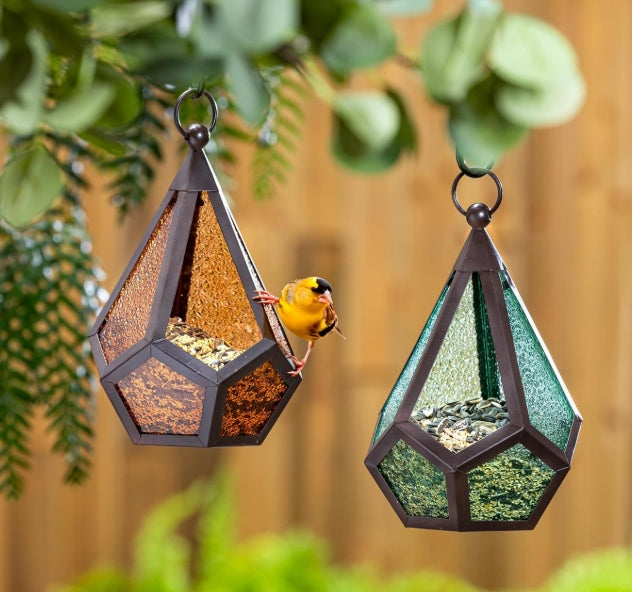 Diamond shaped glass bird feeder