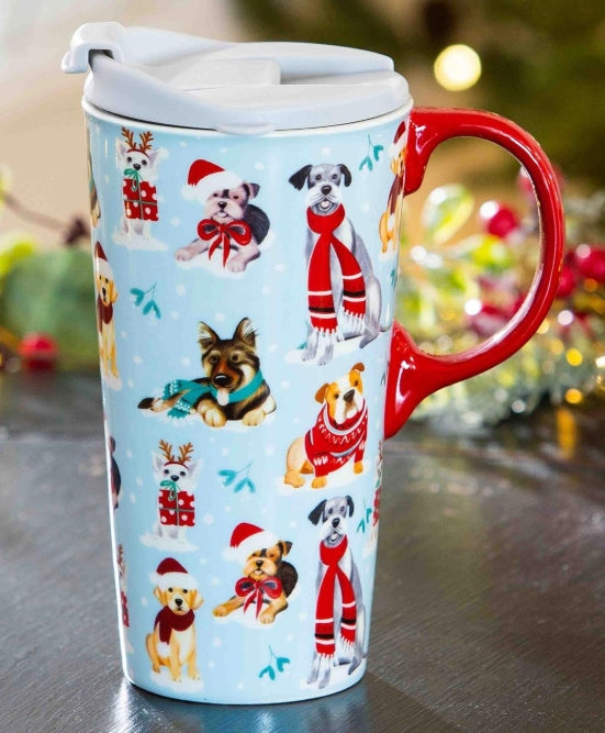 Winter Dogs in Scarves Ceramic Travel Cup, 17 OZ. ,w/box