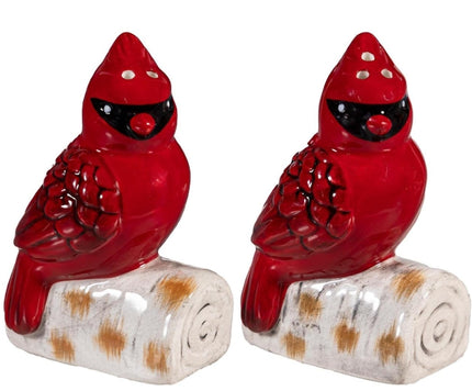 Holiday Poinsettia Salt & Pepper Shakers Ceramic Cardinal on Log