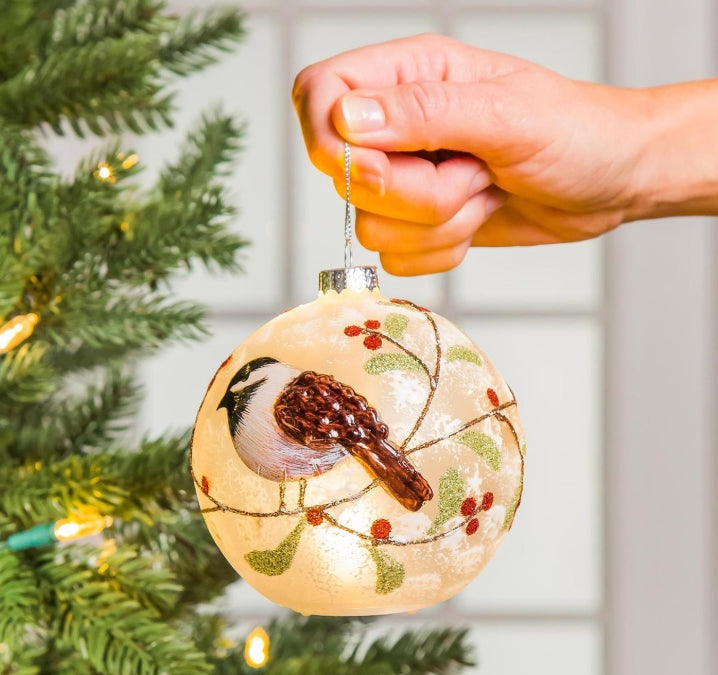 Joyful Traditions Ornament Glass LED Round Cardinal or Chickadee