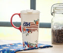 Red, White, & Bloom Ceramic Travel mug, Blooming USA, 17oz, Gift Box