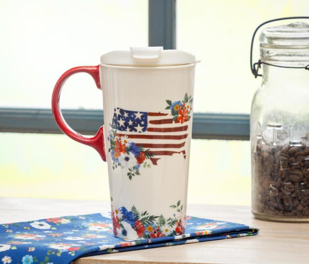Red, White, & Bloom Ceramic Travel mug, Blooming USA, 17oz, Gift Box