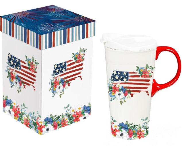 Red, White, & Bloom Ceramic Travel mug, Blooming USA, 17oz, Gift Box