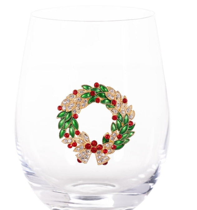 Christmas Stemless Wine Glass with Bejeweled Wreath  17oz
